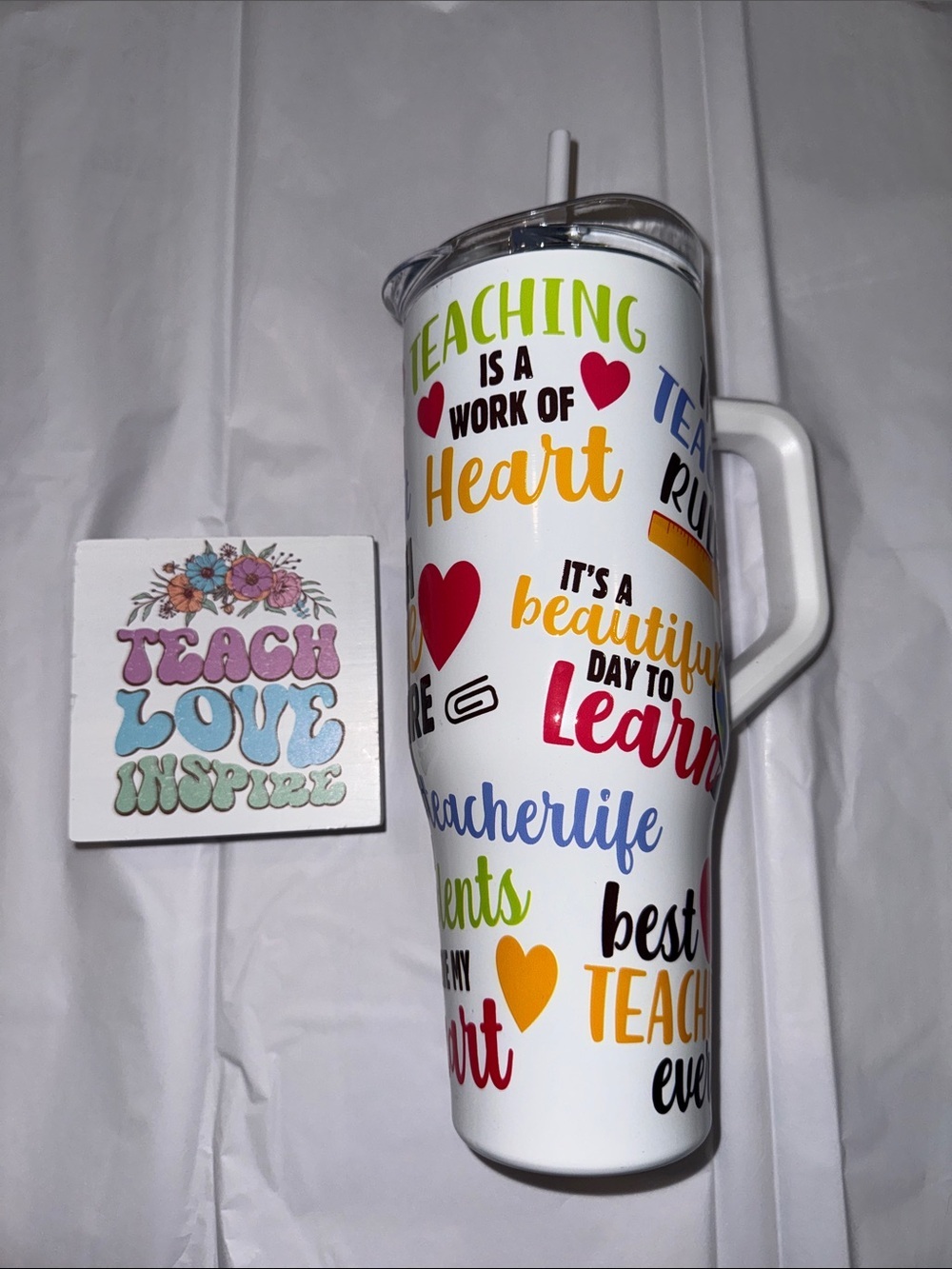 Hobby Lobby White Teacher-Themed Insulated Tumbler with Colorful Text